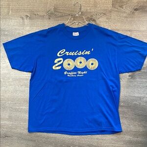 2000 Y2K Shirt Graffiti Cruise Roseburg Oregon XL Blue Gold Records Vinyl Vtg